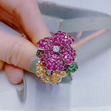 Cold Style Special-interest Design Flower Ring Female Open Light Luxury Micro-inlaid Full Diamond Ring All-matching