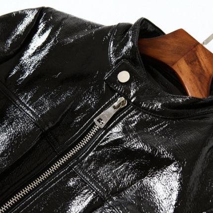 Black Bright Leather PU Short Motorcycle Leather Jacket Women's Jacket