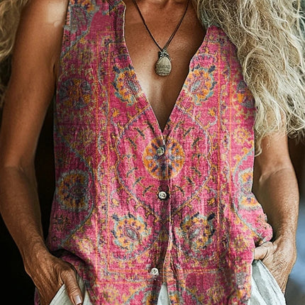 Spring New Trendy Button Vest Vintage Floral V-neck Shirt