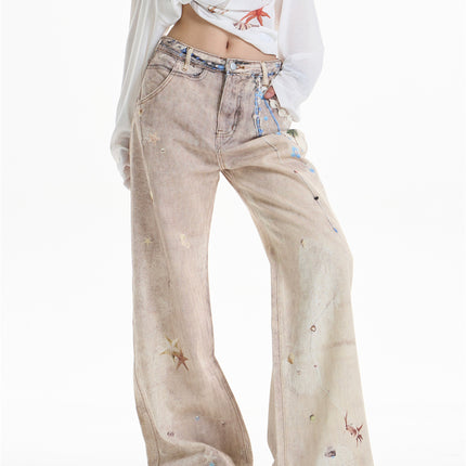 Retro Chain Print Worn Jeans Women's Straight Wide-leg Pants