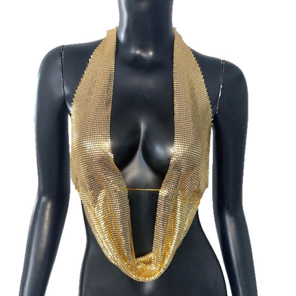 Sequined Top Metal Vest Halterneck With Suspenders