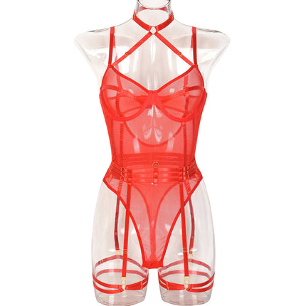 High Elastic Mesh Tight Contrast Color Jumpsuit