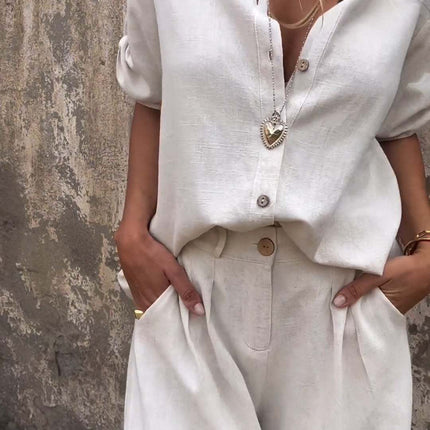 Short-sleeved Suits Fashion Lapel Button Shirt Top And Pocket Shorts Women's Clothing