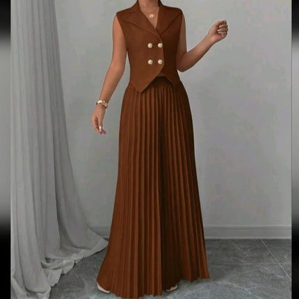 Summer Sleeveless Suit Fashion Lapel Button Vest Top And Pleated Straight Pants Women's Trousers Set Clothing