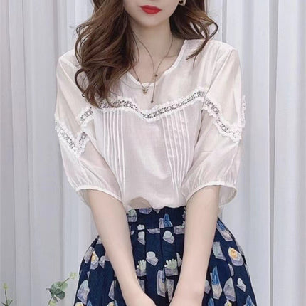 Design Sense Puff Sleeve Shirt Women's Lace