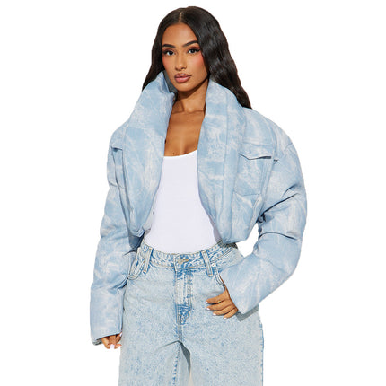 Quilted Scarf Stand Collar Pocket Long Sleeve Blooming Color Matching Short Cotton-padded Coat Coat For Women