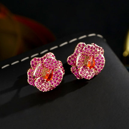 Rose Peach Heart Earplug Classic Style Stud Earrings Luxury Three-dimensional Camellia Fine Zircon-embedded Earrings