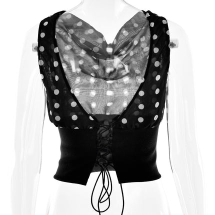 Polka Dots Print Oblique Shoulder Tops Summer Patchwork Chiffon Crop Top Women Sexy Sleeveless Lace Up Backless Blouse Casual Streetwear Tee
