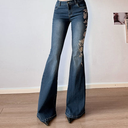 Women's Rose Embroidered Flared Jeans