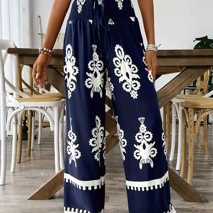 Women's 3D Pattern Lace-up Casual High Waist Print Wide-leg Pants