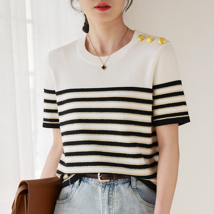 Knitted Short-sleeved Loose Striped T-shirt