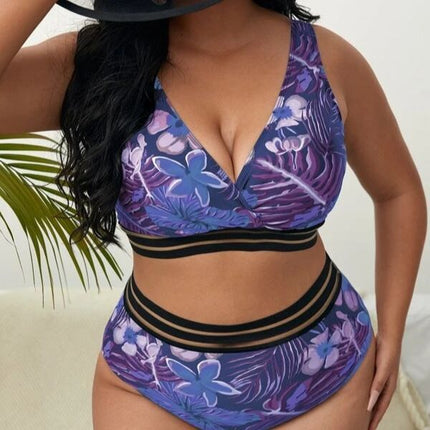 Plump Girls Plus Size V-neck Vest Type Plant Flower High Waist Bikini