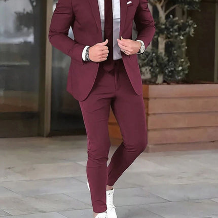 Two-piece Solid Color Slim-fit Coat Suit Pants