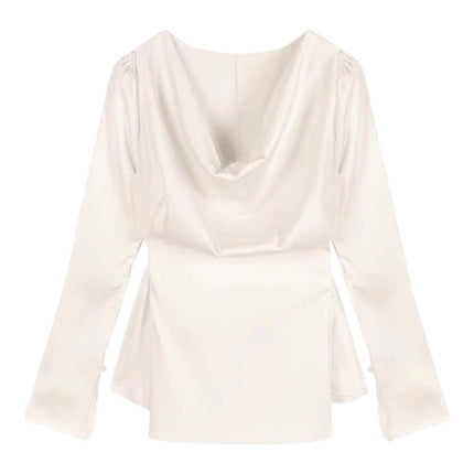 High-end Irregular Bell Sleeve Waist-tight Graceful Satin Long Sleeve Shirt
