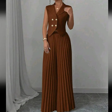 Summer Sleeveless Suit Fashion Lapel Button Vest Top And Pleated Straight Pants Women's Trousers Set Clothing