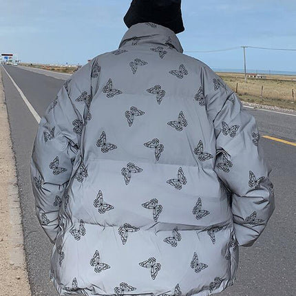 Men's Stand Collar Reflective Print Cotton Jacket