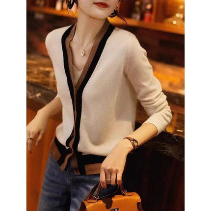 Color-block V Neck Cardigan Knitted Women's Long-sleeved Sweater Outer Tops