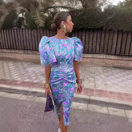 Crew Neck Split Lantern Sleeve Sexy Print Women's Dress