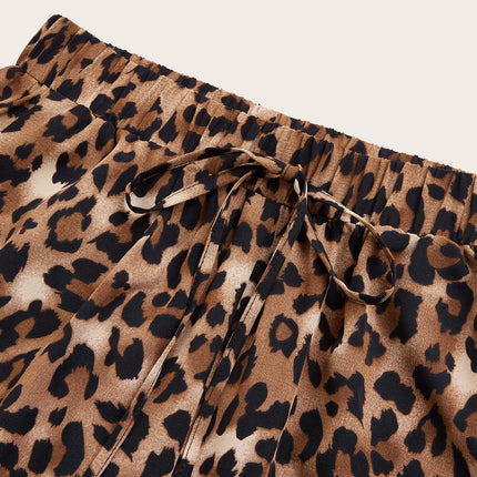 Women's Plus Size Leopard Print Wide Leg Pants - Elastic Waist, Loose Fit Casual Straight Leg Trousers For Spring Summer Fall, Lightweight Polyester Blend, Perfect For Beach Or Outdoor Outings