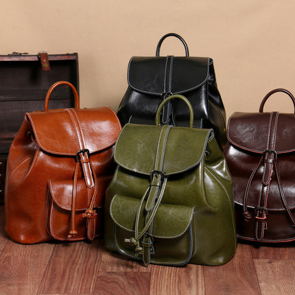 Korean Style Cowhide Pocket Pull-belt Backpack