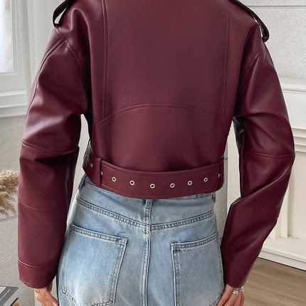 Women's Large Lapel Faux Leather Short Jacket Lady Fashion Motorcycle PU Leather Coat Casual Overcoat With Belt