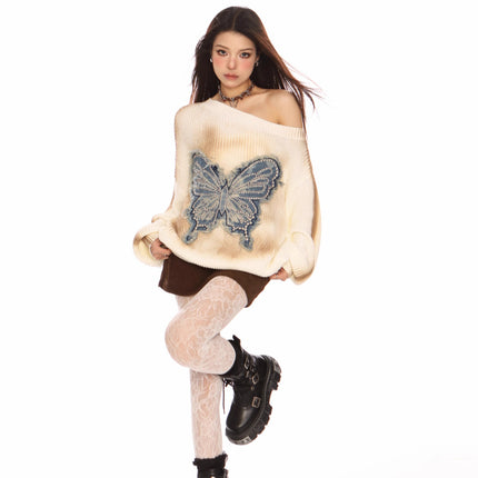 Women's Embroidered Butterfly Shoulder Sweater