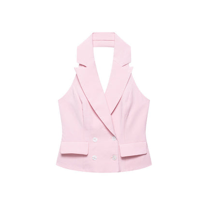 Women's Double Breasted Hanging Collar Vest Wide Back Pants