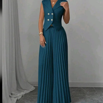Summer Sleeveless Suit Fashion Lapel Button Vest Top And Pleated Straight Pants Women's Trousers Set Clothing
