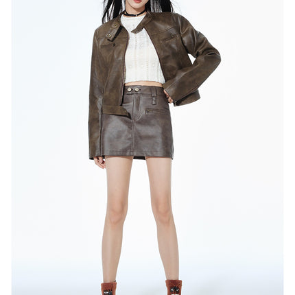 Short Leather Jacket Slim Brown Jacket Motorcycle Jacket