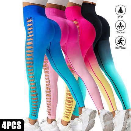 4 Pack Cut Out Ombre Gradient Color Hollow High-waist Butt-lifting Fitness Women's Yoga Pants, Women's High Waist Yoga Pants Cutout Ripped Super Soft And Comfortable Skinny Leggings