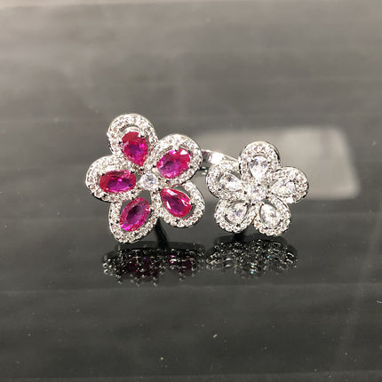 Colorful Bright Crimson Gemstone Flower Grape Purple Zircon Shining Diamond Flower Ring