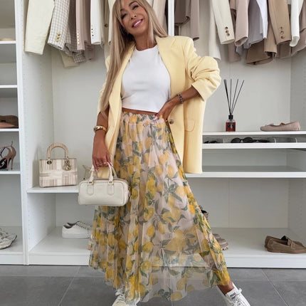 Summer New Mesh Lemon Printing Elastic Waist Large Swing Casual Skirt Women
