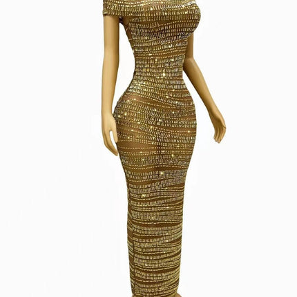 Sexy Luxury Shiny Rhinestone Dress Performance Costume Party Evening Dress