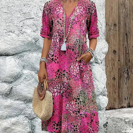 Summer V-neck Half-sleeved Dress With Pockets Fashion Ethnic Print Dresses Beach Holiday Clothing For Women