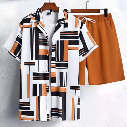 Black And White Striped Hawaiian Men's Shirt Set