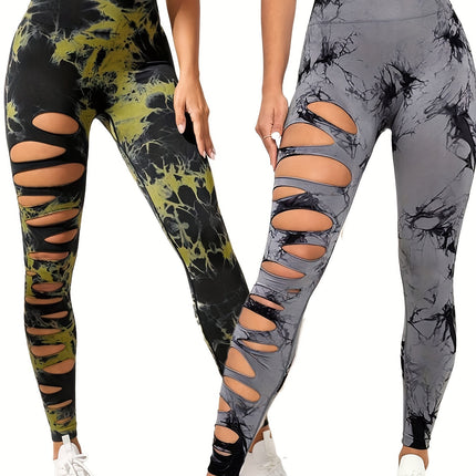 2 Pack Hollow Sexy High Elastic Women's Tie Dye Cutout Tights High Waist Workout Yoga Leggings, Scrunch Butt Lifting Elastic Pants, Tummy Control Butt Lifting Workout Yoga Athletic Pants