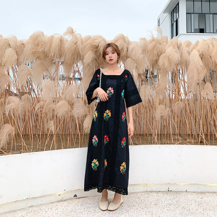 Design Sense Square Neck Lace Stitching Embroidery Flower Dress