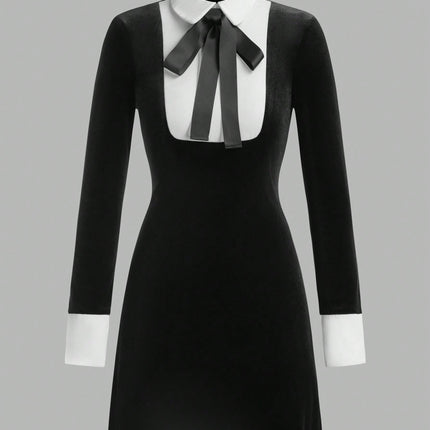Women's Contrast Collar Maid Style Long Sleeve Short Dress