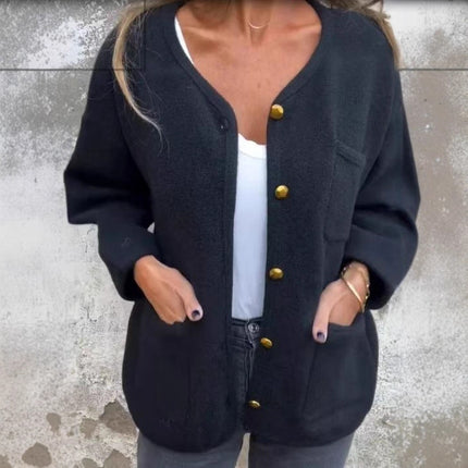 Women's Round Neck Long Sleeve Woolen Coat