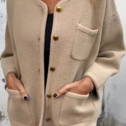 Women's Round Neck Long Sleeve Woolen Coat