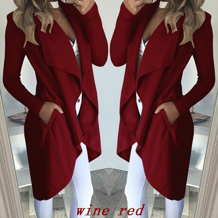Women's Plus Size Solid Color Polo Collar Slim Fit Long Trench Coat