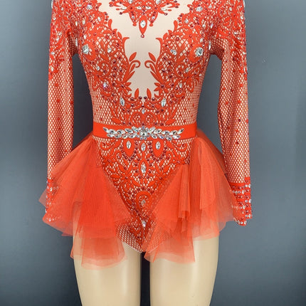 Dance Sexy Shiny Rhinestone Mesh Jumpsuit Stage Performance Costume Women