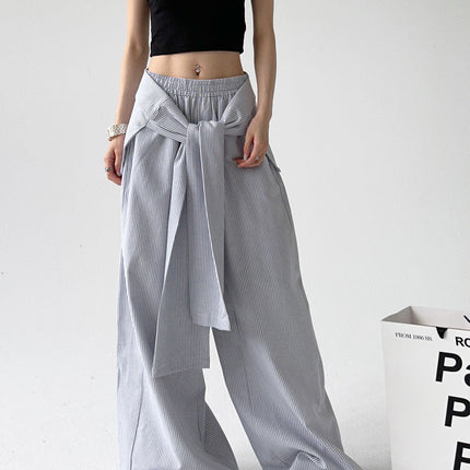 Lace-up Loose Straight Striped Wide-leg Pants Design Sense