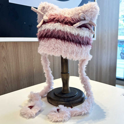 Fashion Striped Bow Plush Earmuffs Hat Women
