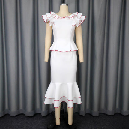 Women's Ruffled Contrast Color Top Temperament Slim Fishtail Skirt Suit