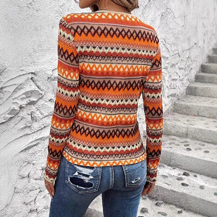 Women's Elegant Colorful Stripes Long Sleeve Casual Top