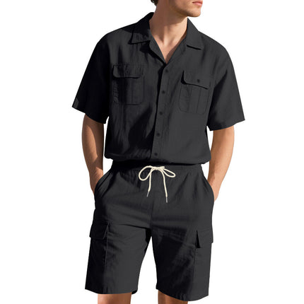 Men's Casual Solid Color Short Sleeve Shorts Suit