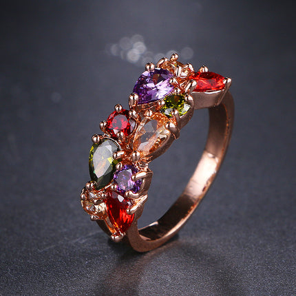 European And American Luxury Stylish Water Drop Color Zircon Ring