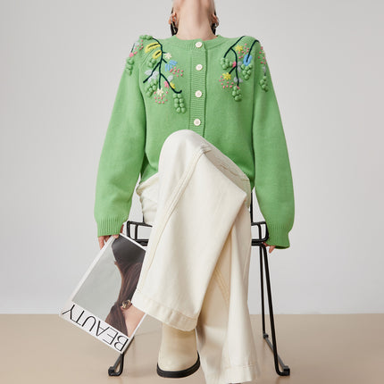 Green Handmade Three-dimensional Embroidered Round Neck Knitted Cardigan For Women