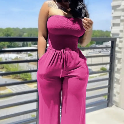 Ladies' Elegant Jumpsuit Solid Color Strapless Top Straight Leg Pants Sleeveless Loose Pants